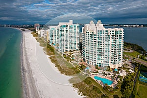 Panorama of City Clearwater Beach FL. Spring break or Summer vacations in Florida. Beautiful View on Hotels and Resorts