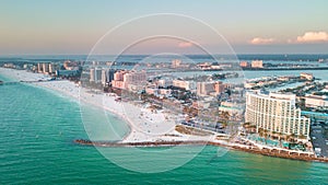 Panorama of city Clearwater Beach FL. Summer vacations in Florida. Beautiful View on Hotels and Resorts on Island.