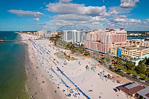 Panorama of City Clearwater Beach FL. Summer vacations in Florida. Beautiful View on Hotels and Resorts on Island.