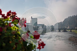 Panorama of the city of Lasko, with tran bridge and beer factory in the background and famous flower in the foreground