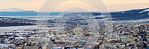 Panorama of the city of Magadan. Northern Russian city on the coast of the Sea of â€‹â€‹Okhotsk.