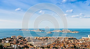 Panorama of the city of Marseille and Friuli Islands, France