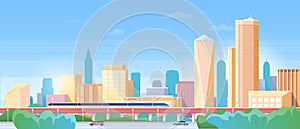 Panorama of city train subway vector illustration, cartoon flat urban cityscape with modern metro train traveling by