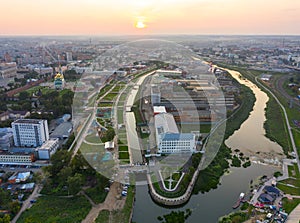 Panorama of the city of Tula and the embankment of the Upa River at sunset, the Kazan embankment and the park in the historical