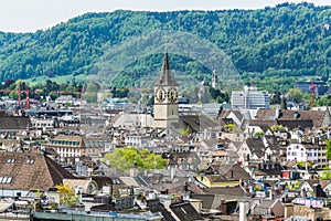 Panorama of city view of old downtown of Zurich, with clock tower of St. Peter Pfarrhaus, view from ZTH campus