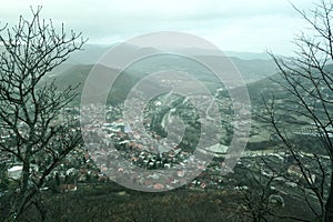 Panorama of the city of Zvecan, in the northern part of Kosovo, with a serb majority of population, in winter, with the mountain