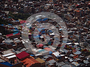 Panorama cityscape landscape of La Paz colorful brick houses slum poverty buildings urban city Bolivia South America