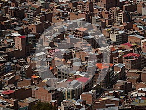Panorama cityscape landscape of La Paz unfinished brick houses slum poverty buildings urban city Bolivia South America