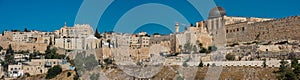 Panorama of cityscape on the  Temple Mount, with dome of Al-Aqsa mosque, old city of Jerusalem, Aerial view from Mount of Olives