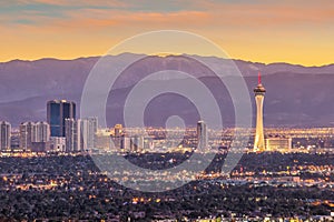 Panorama cityscape view of Las Vegas at sunset in Nevada