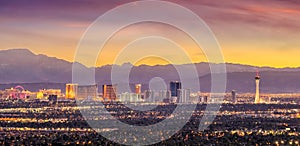 Panorama cityscape view of Las Vegas at sunset in Nevada