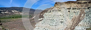 Panorama of the claystone hills and valley at the Sheep Rock Unit of the John Day Fossil Beds National Monument in Oregon, USA