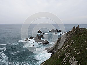 Panorama of cliff coast at El Banco mas bonito del mundo The best bank of the world Loiba bench Ortigueira Galicia Spain