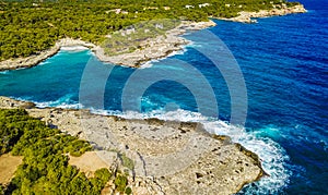 Panorama cliffs bay Cala Mondrago Mallorca Balearic Islands Spain