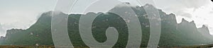 Panorama of cloud and fog cover limestone mountain in the rainy season, Green forest and rock at Khao Sam Roi Yot National Park,