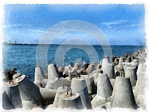 Panorama of the coast with breakwaters in the foreground.