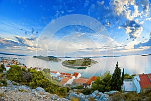 Panorama of coast, islands and old town, Croatia Dalmatia