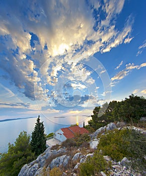 Panorama of coast, islands and old town, Croatia Dalmatia