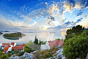 Panorama of coast, islands and old town, Croatia Dalmatia