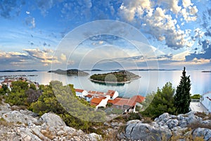 Panorama of coast, islands and old town, Croatia Dalmatia