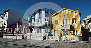Panorama of coastal beach town village traditional historic colorful houses Praia da Costa Nova do Prado Aveiro Portugal