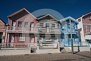 Panorama of coastal beach town village traditional historic colorful houses Praia da Costa Nova do Prado Aveiro Portugal