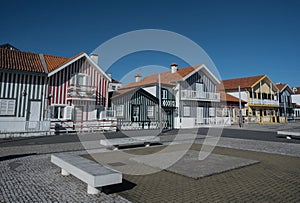 Panorama of coastal beach town village traditional historic colorful houses Praia da Costa Nova do Prado Aveiro Portugal