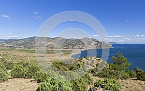 Panorama of the coastal valley and bay on the Black Sea coast of Crimea