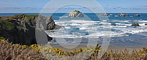 A panorama of the coastline at Bandon, Oregon