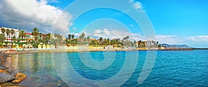 Panorama of coastline with beaches and bay in San Remo. Liguria, Italy photo