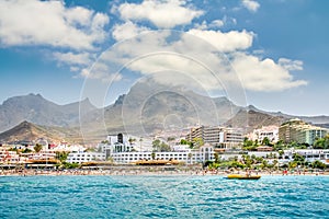 Panorama of coastline with hotels against mountains