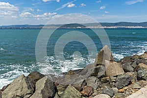 Panorama from coastline of Nessebar to resorts of Sunny Beach, St. Vlas and Elenite, Bulgaria