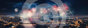 Panorama of Colorful fireworks of various colors over night cityscape