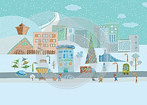 Panorama. Colorful hand-drawn of winter city life