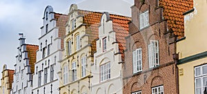 Panorama of colorful historic facades at the market square of Friedrichstadt