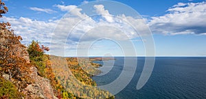 Panorama of Colorful Lake Superior Shoreline with Dramatic Sky