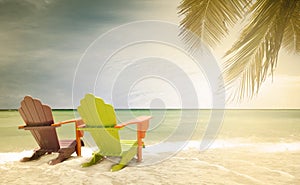 Panorama of colorful lounge chairs at a tropical paradise beach in Miami Florida