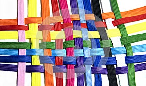 Panorama, colorful ropes are connected, cooperation and cohesion photo