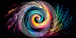 Panorama colorful swirl spiral, vivid vortex, over dark background. Design element for posters and banners.Generative AI