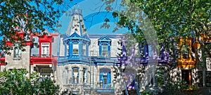 Panorama of colorful Victorian houses in Le plateau Mont Royal borough in Montreal Quebec