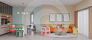 Panorama of colourful living room and dining area with sofa,armchair