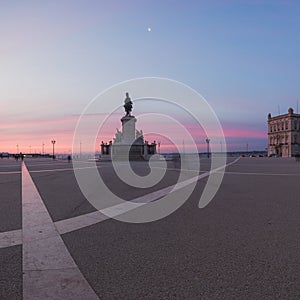 Panorama of Commerce Square in Lisbon at sunrise