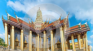 Panorama of complex of Temple of Emerald Buddha in Bangkok, Thailand