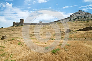 Panorama of the Consular castle in the medieval Genoese fortress on a Sunny June day. Sudak, Crimea