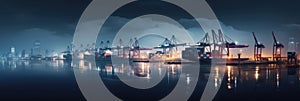 Panorama of a container terminal in the port of Hamburg at night