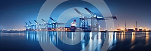 Panorama of a container terminal in the port of Hamburg at night