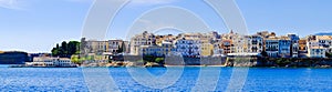 Panorama of Corfu town from the sea. Old town buildings