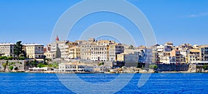 Panorama Corfu town from the sea. Old town buildings in Kerkyra