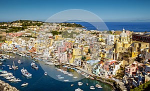 Panorama of Corricella fishermen's village on Procida island, It