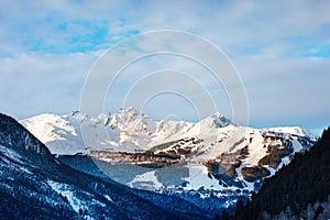 Panorama of Courchevel village valley, ski slopes